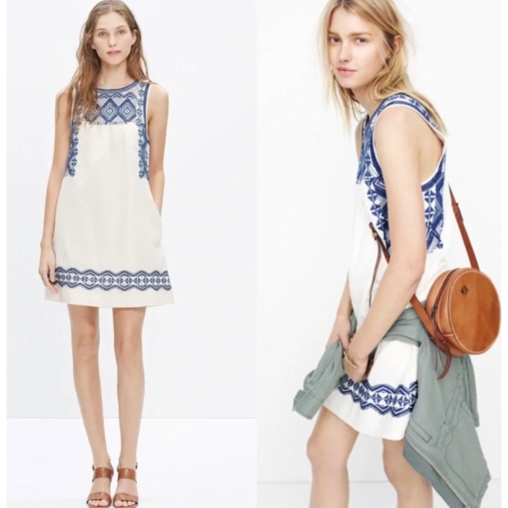 Madewell Embroidered Linen Cotton Mini Dress Blue White Boho S